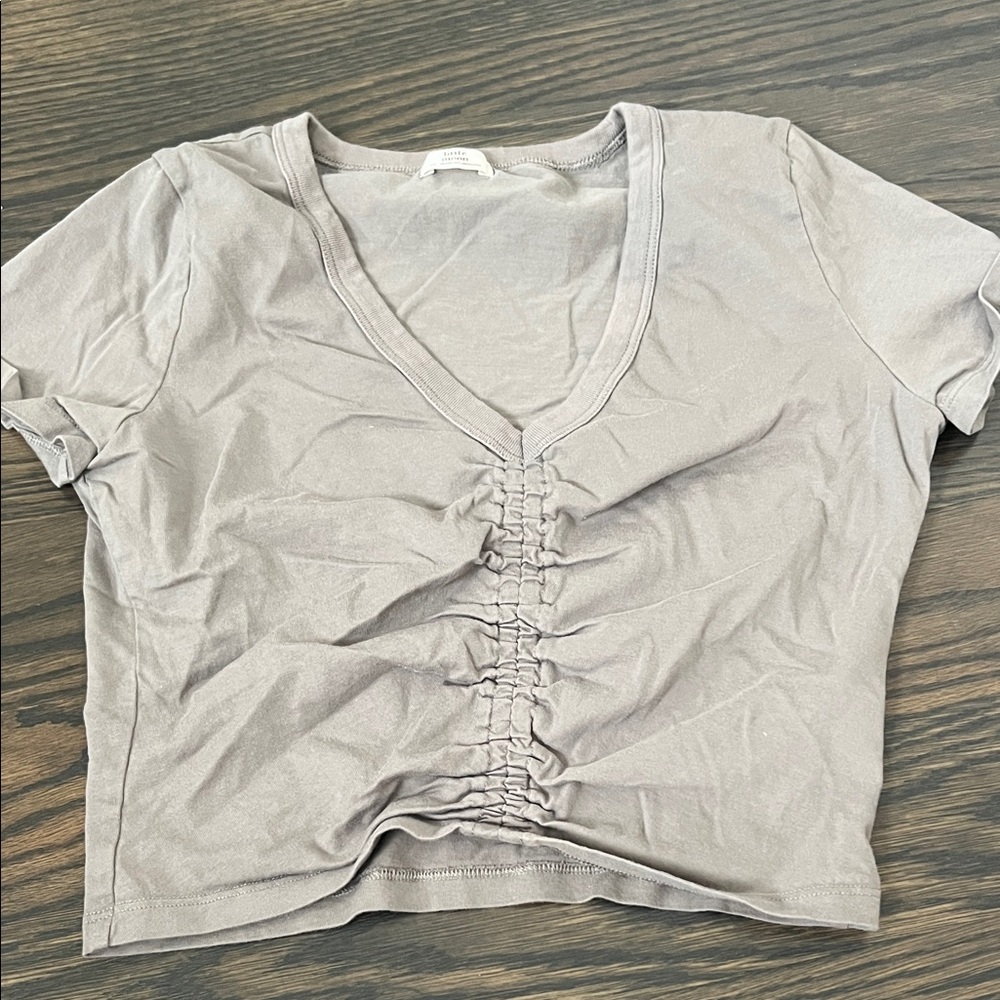 Aritzia Ruched V-Neck Crop Top in Taupe Gray